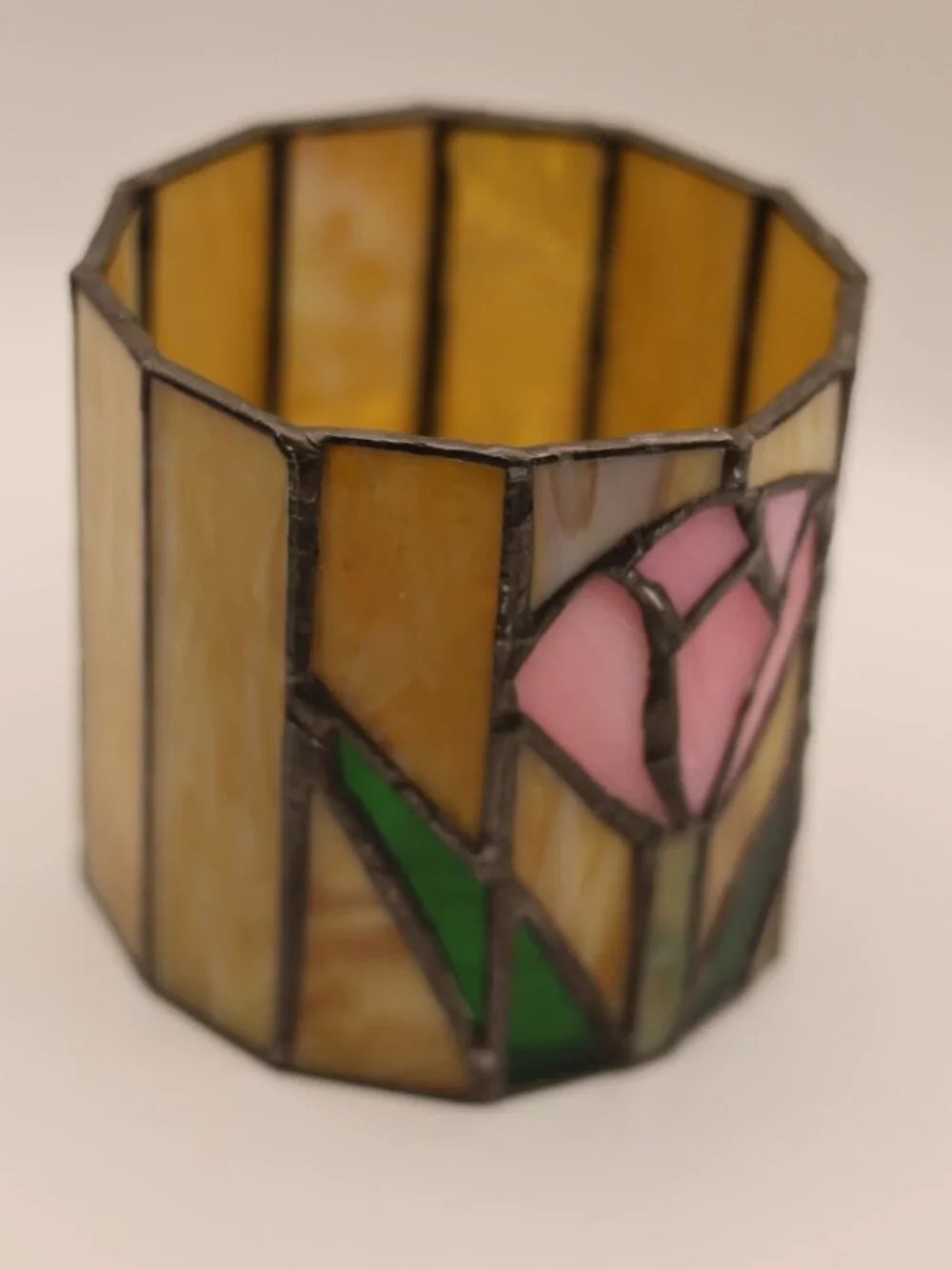 Vintage stained glass votive candle holder pink tulip design, art nouveau, textu